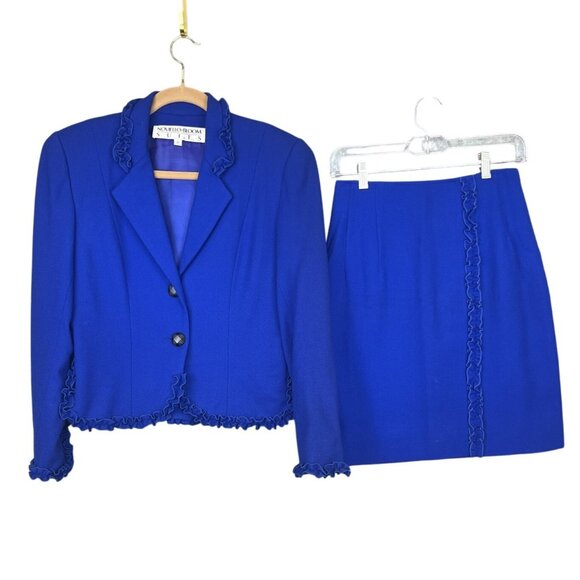 VTG Women 6 Wool Skirt Set Blue Ruffle Retro Business Church USA Noviello Bloom - Picture 14 of 14